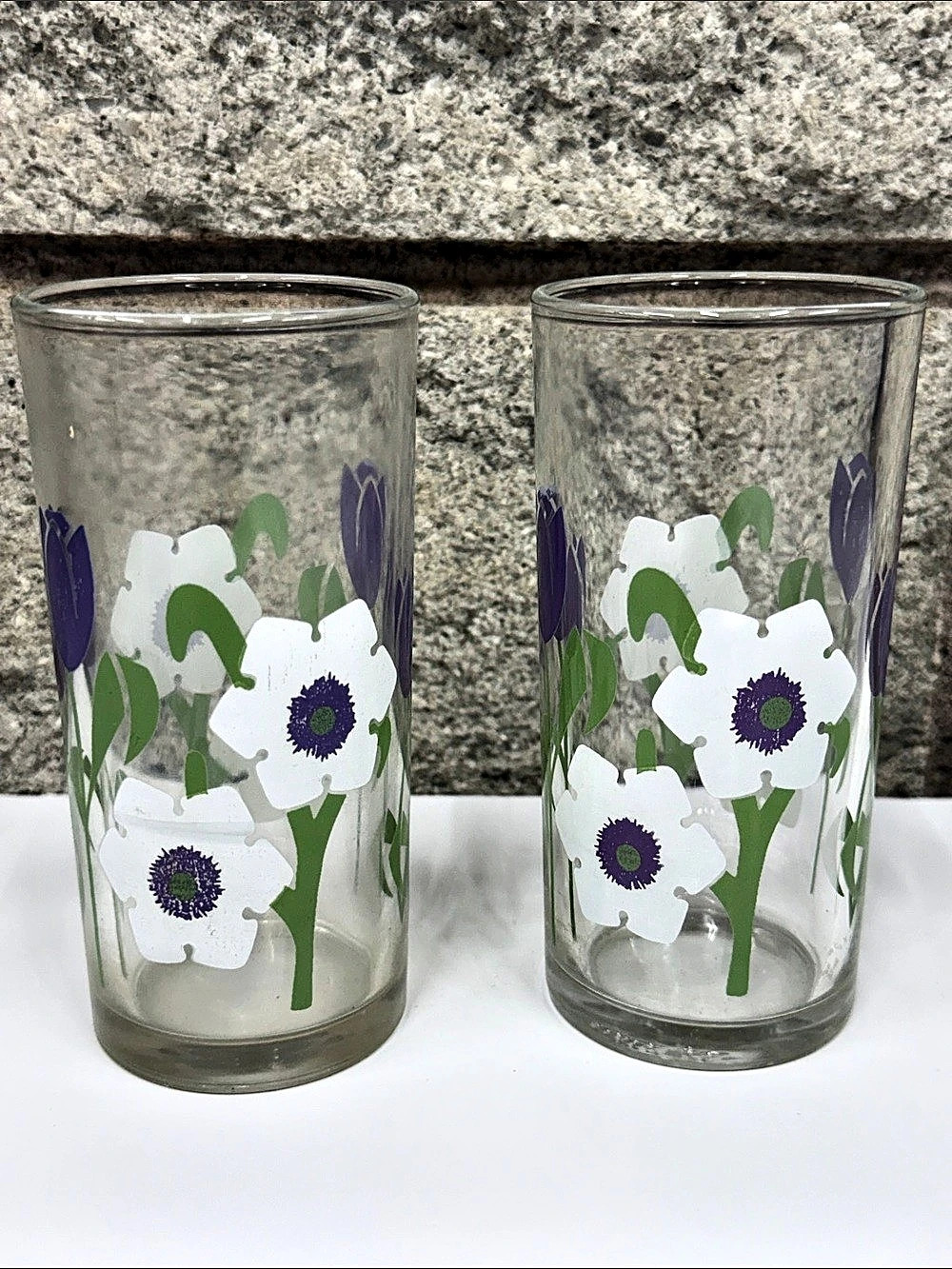 Vintage Italian Floral Drinking Glasses – Purple Tulips & White Flowers – Set of